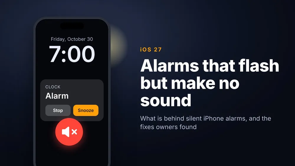 Illustration of an iPhone lock screen showing a Clock alarm with a muted speaker icon