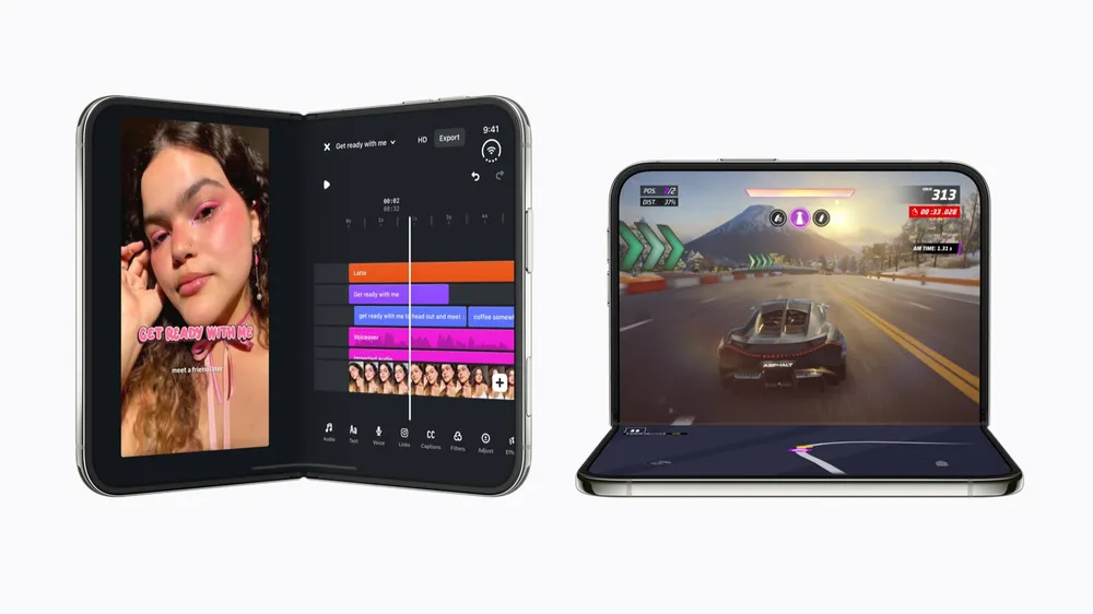 Two iPhone Duos running apps optimized for the inner display, including Instagram Edits