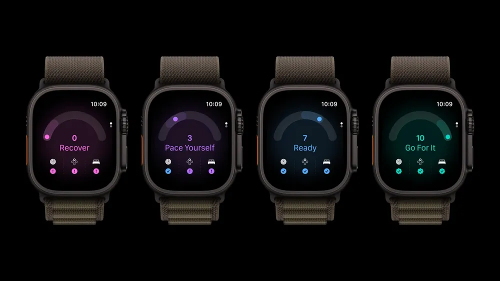 Four Apple Watch Ultra 4 devices each showing one of the four readiness recommendations