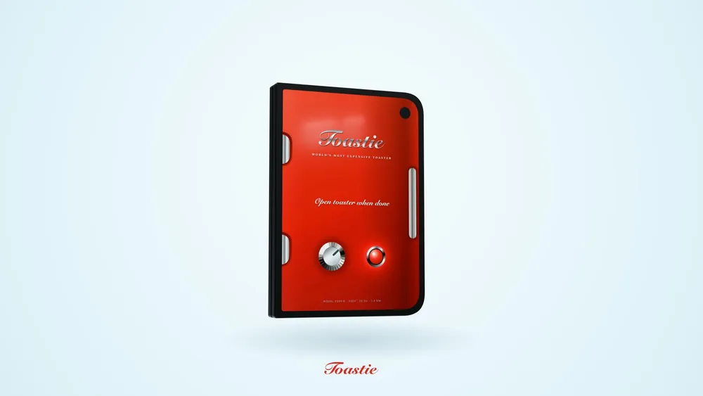 The iPhone Duo folded shut and styled as a red Toastie toaster