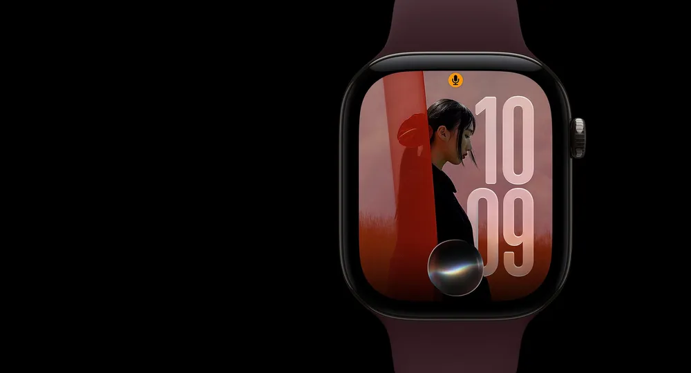 Apple Watch Series 12 in natural titanium with the Siri orb glowing over the watch face