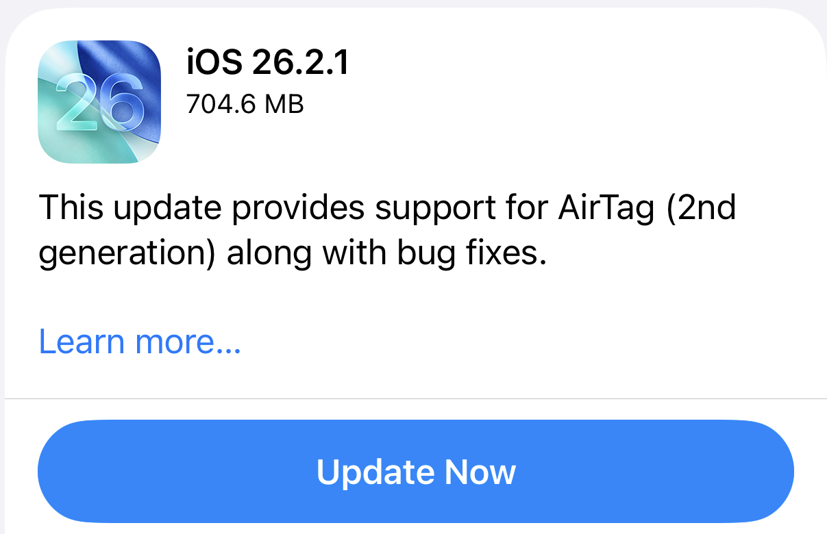 Apple Releases iOS 26.2.1 with Support for New AirTag 2