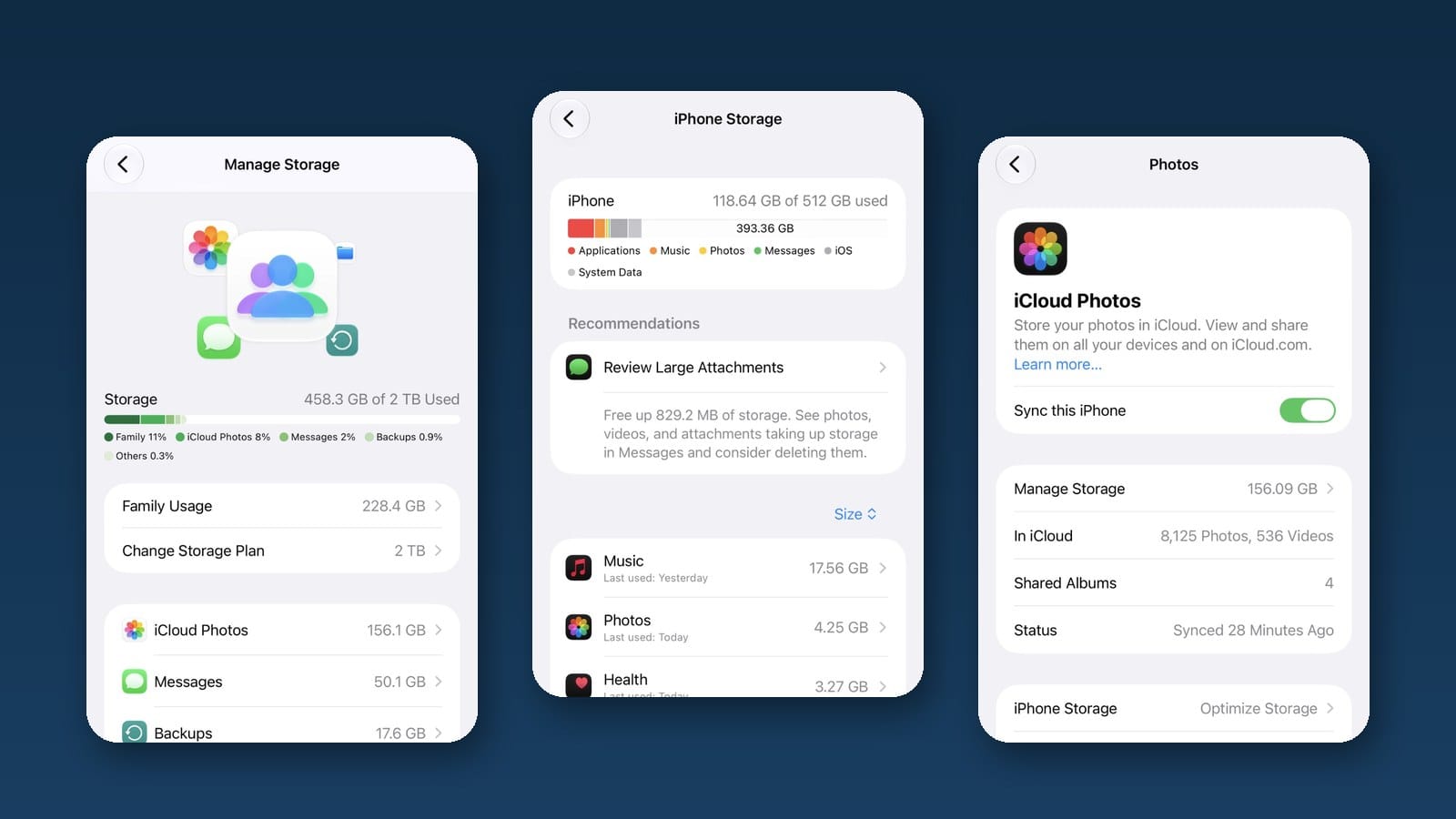 Manage Storage, iPhone Storage and iCloud Photos settings screens in iOS 27