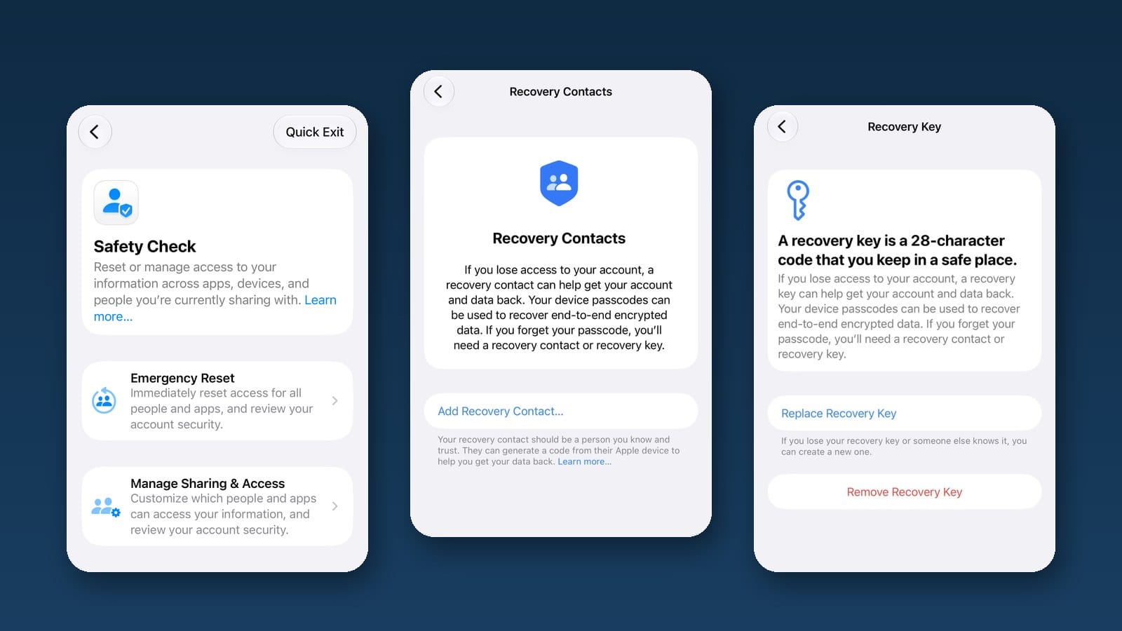 Safety Check, Recovery Contacts and Recovery Key settings screens in iOS 27