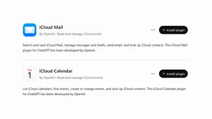 OpenAI's iCloud Mail and iCloud Calendar plugin listings in ChatGPT