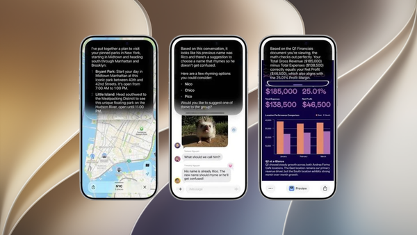 Three screens showing the new Siri results in cards in iOS 27. 
