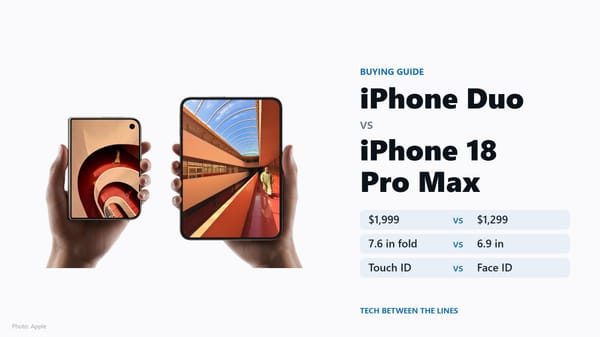 iPhone Duo folded and unfolded next to a summary of how it compares with iPhone 18 Pro Max