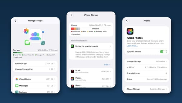 Manage Storage, iPhone Storage and iCloud Photos settings screens in iOS 27