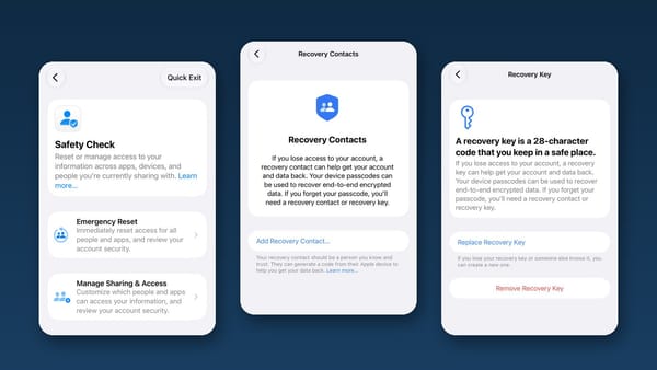 Safety Check, Recovery Contacts and Recovery Key settings screens in iOS 27