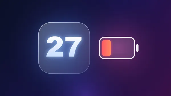 Glowing iOS 27 badge next to a nearly empty battery icon