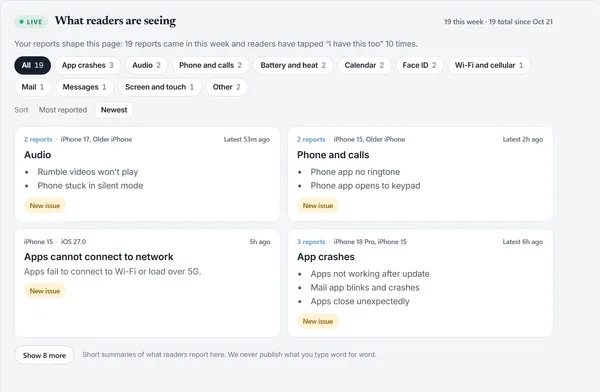 The What readers are seeing feed on the Tech Between the Lines iOS 27 problems tracker