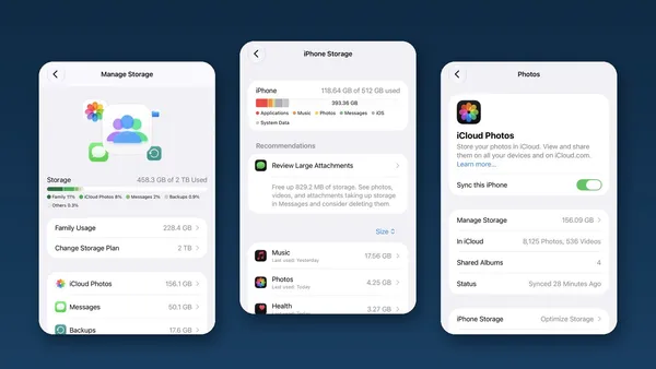 Manage Storage, iPhone Storage and iCloud Photos settings screens in iOS 27