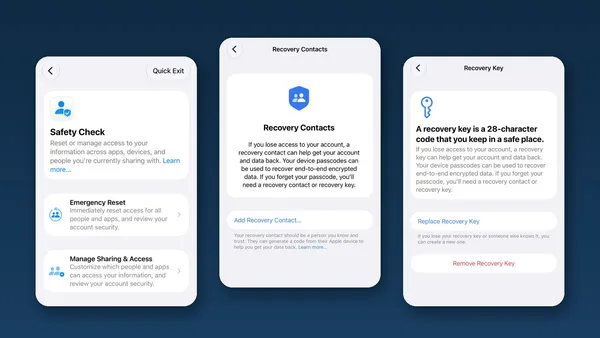 Safety Check, Recovery Contacts and Recovery Key settings screens in iOS 27